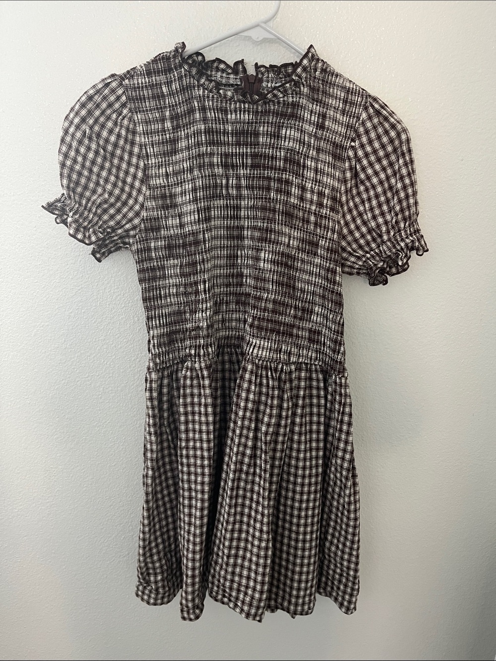 RIHOAS Brown and White Gingham Smocked Mini Dress